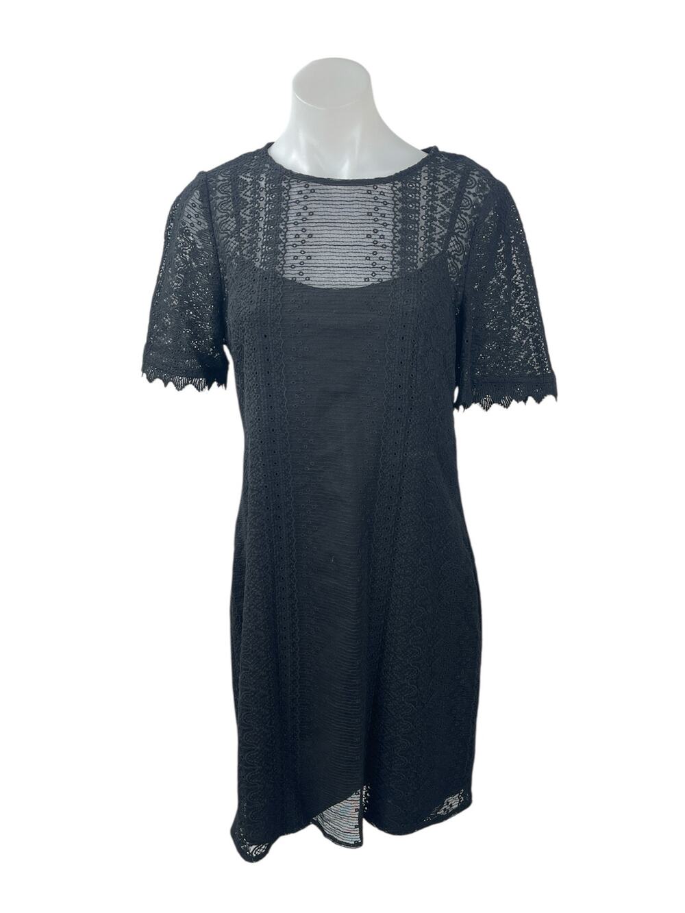 Nanette Lepore Women's Black Sheer Lace Short Sleeve Mini A-Line Shift Dress 12